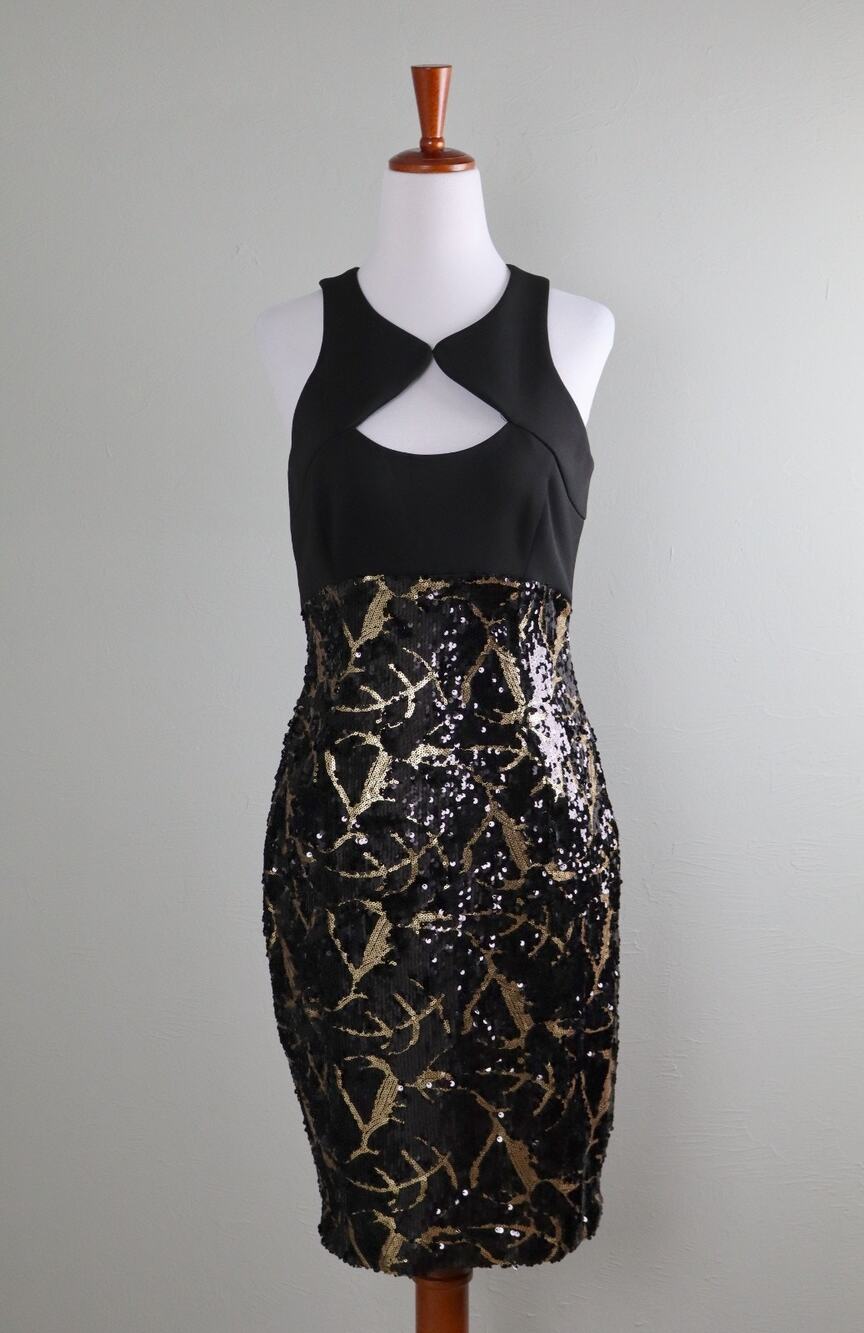 CACHE NWT Stretch Keyhole Cutout Gold Leaf Sequin Sheath Dress Size Small